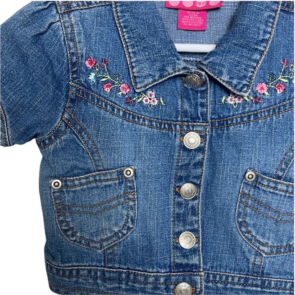 GLO Jeans Short Sleeve Collared Denim Jacket with Floral Trim Blue Multi Size 3T - Picture 3 of 8